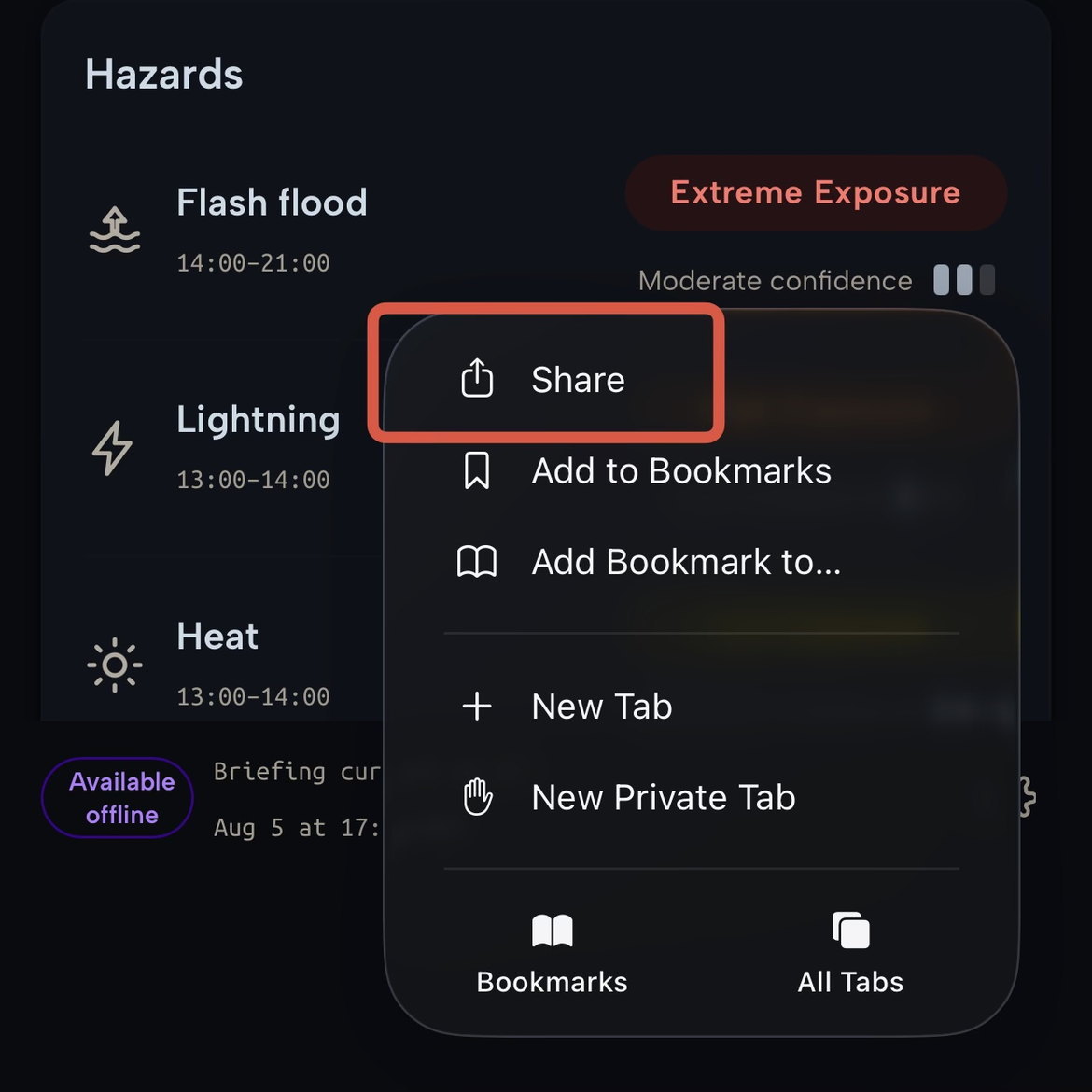 The Safari menu with the Share row highlighted at the top