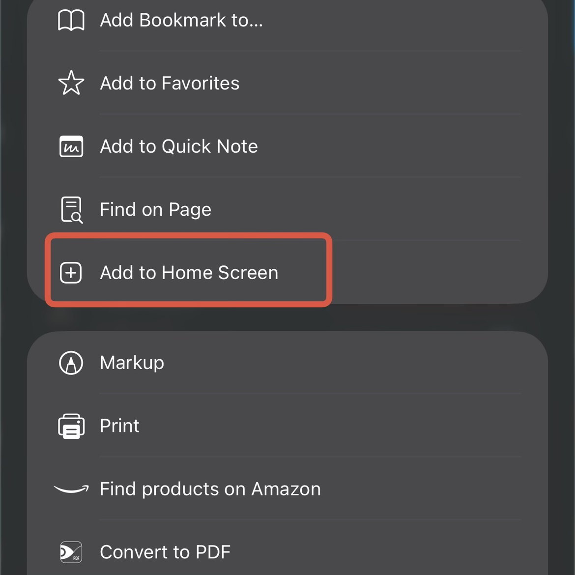 The share sheet scrolled to the highlighted Add to Home Screen row